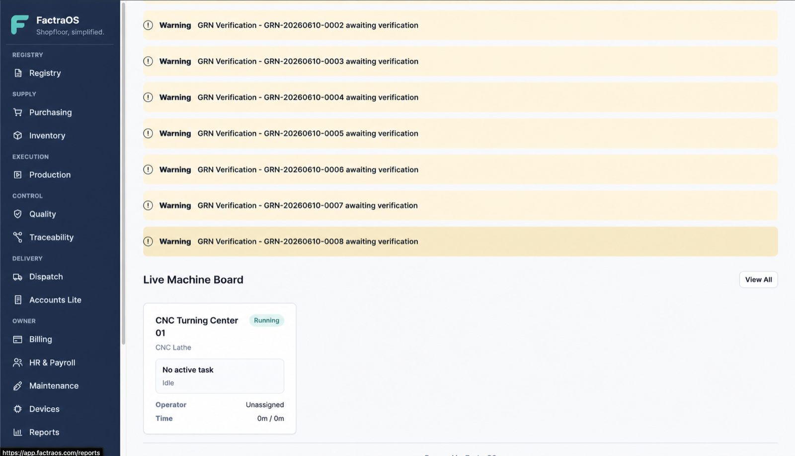 FactraOS production alerts and live machine board