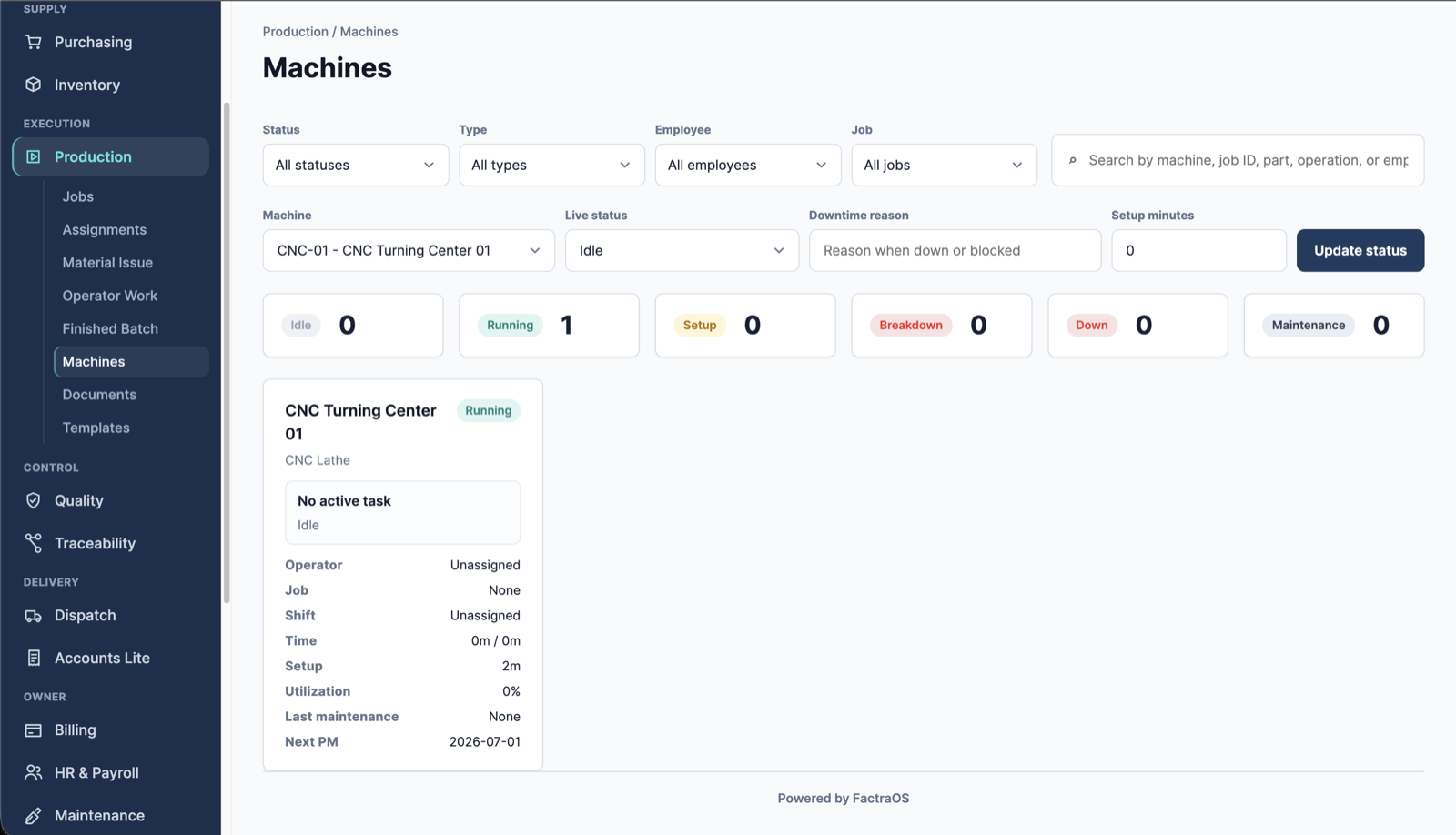 FactraOS live machine status and production management dashboard