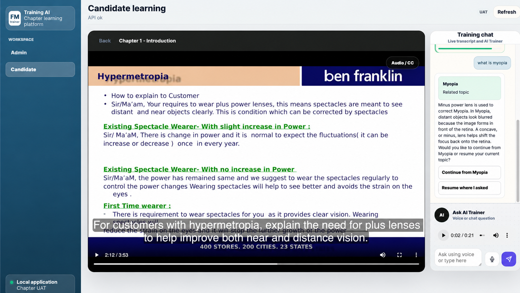 FM Trainer candidate learning experience with AI training chat