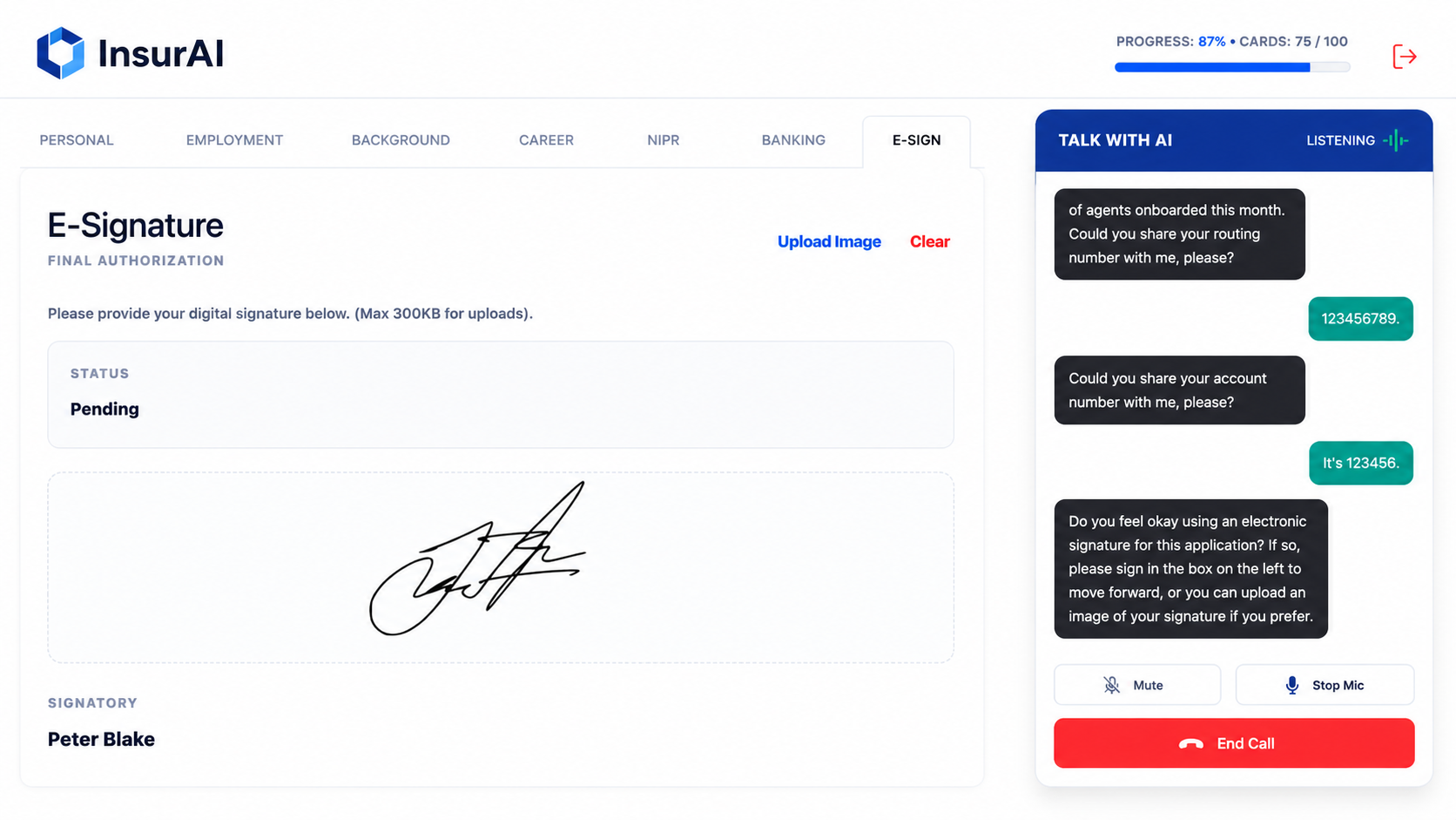 InsurAI electronic signature and AI assistance workflow