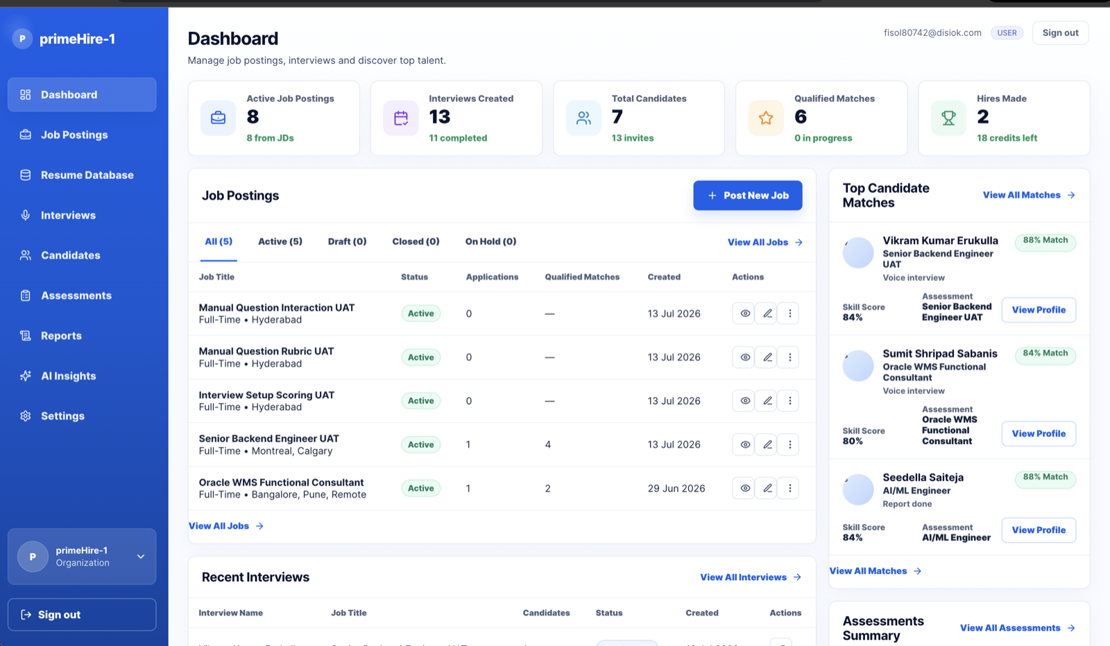 Prime Hire recruitment dashboard