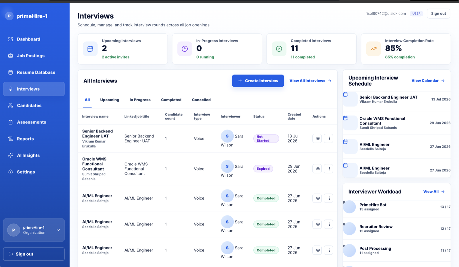 Prime Hire interview management and scheduling dashboard