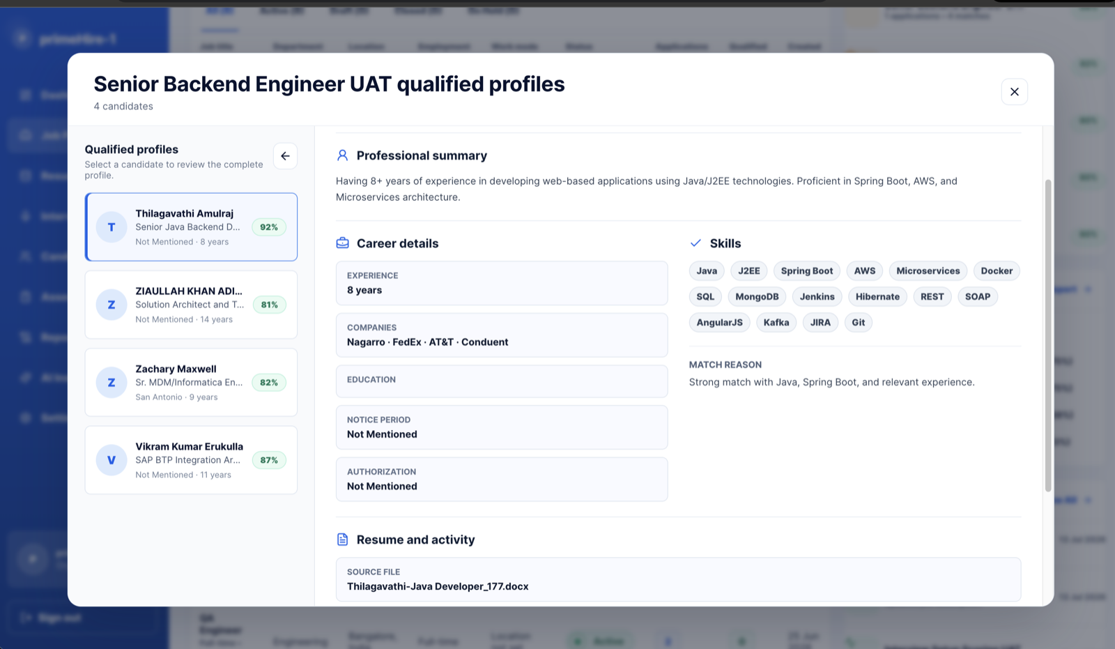 Prime Hire qualified candidate matching and profile review
