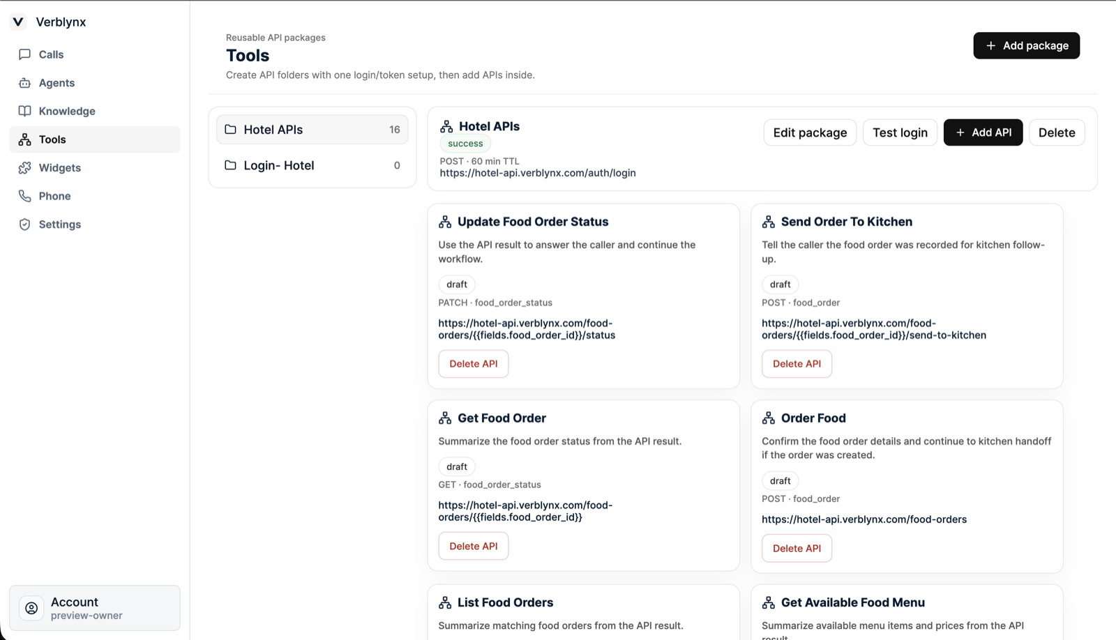 Verblynx reusable API tools and integration packages