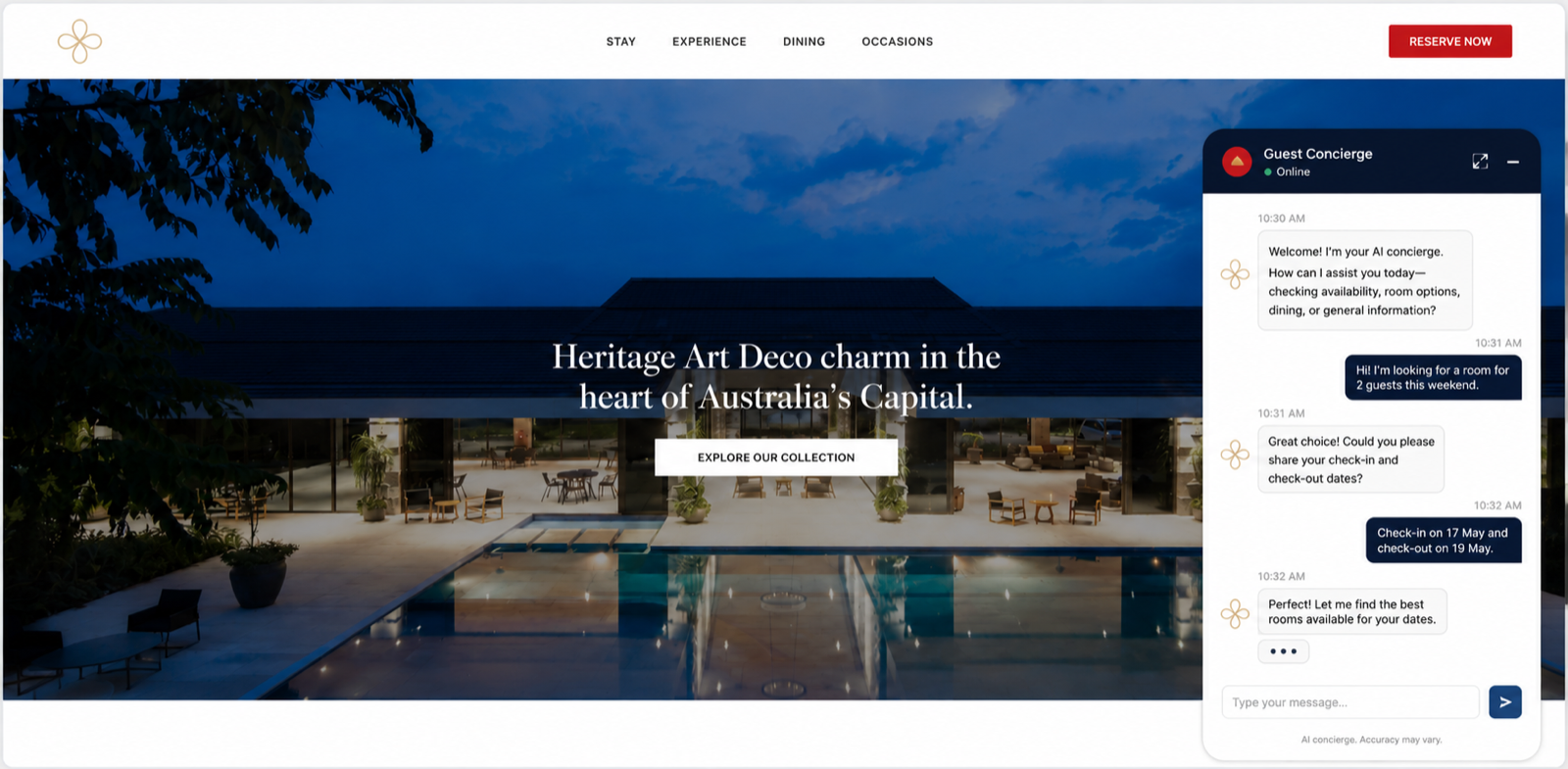Verblynx hotel guest concierge assisting with room availability and booking dates